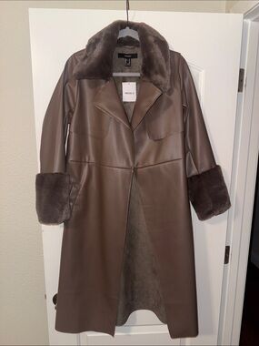 Forever 21 Brown Faux-Leather Trench Coat with Faux-Fur Trim